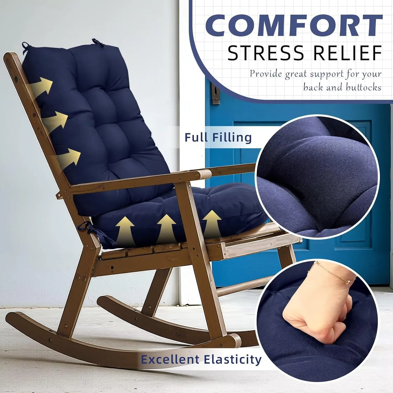 1 Pack Outdoor Chair Cushion Set Dark Blue Rocking Chair Cushion with Ties Overstuffed Seat Back Pad for Outdoor Indoor Chair Use