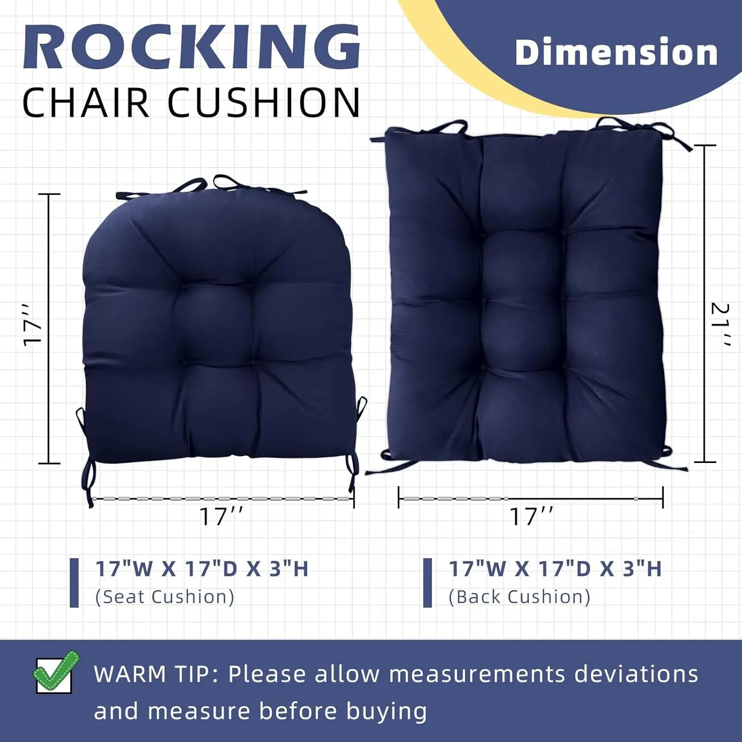 1 Pack Outdoor Chair Cushion Set Dark Blue Rocking Chair Cushion with Ties Overstuffed Seat Back Pad for Outdoor Indoor Chair Use