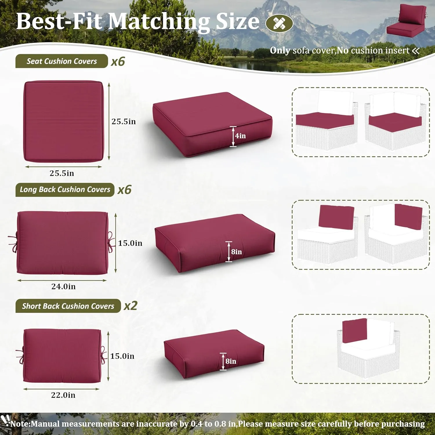 14 Pcs Outdoor Cushion Slipcovers All-Weather Patio Cushion Covers, Replacement Waterproof with Zipper for Patio Furniture, Sectional Couch 3 Sizes, Covers Only