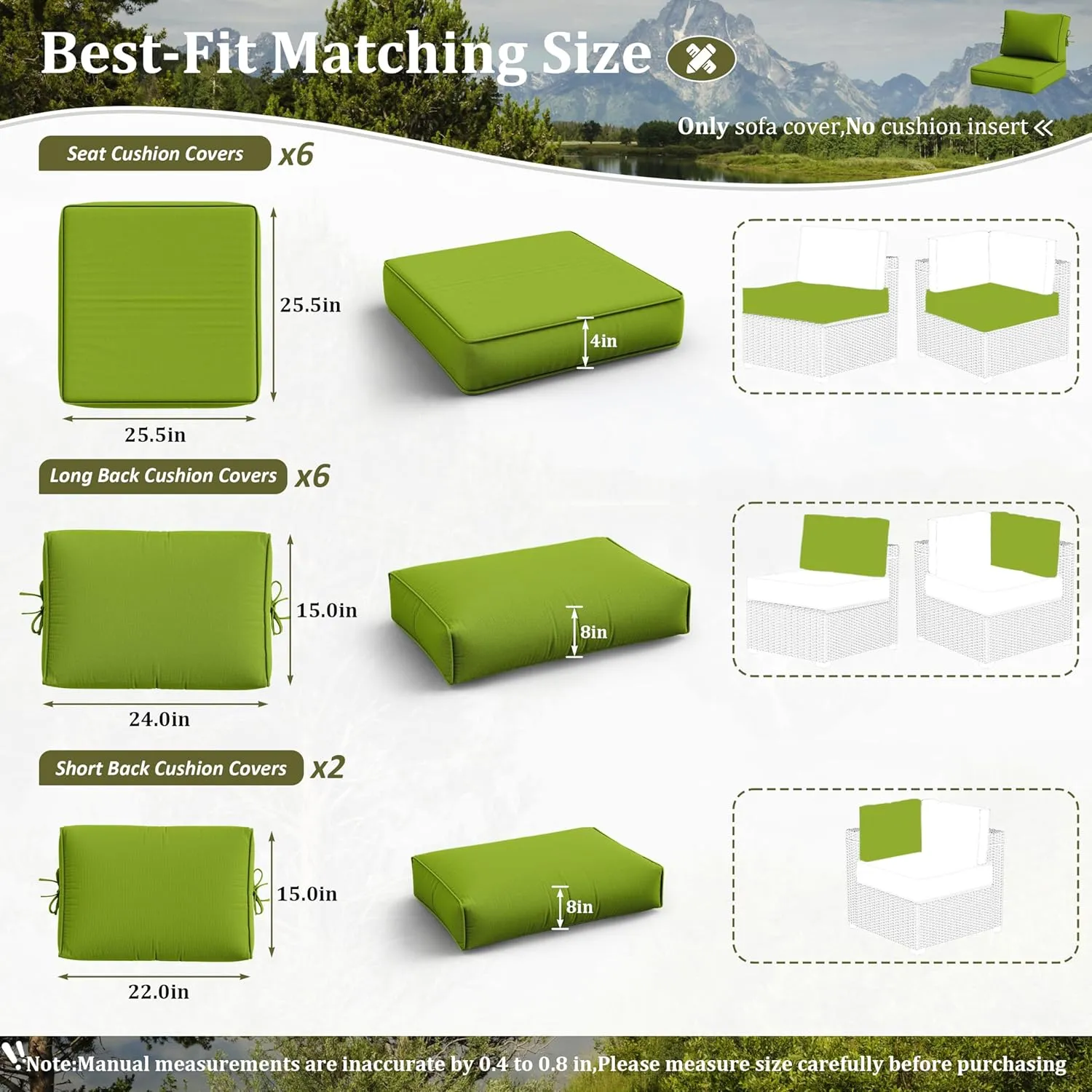 14 Pcs Outdoor Cushion Slipcovers All-Weather Patio Cushion Covers, Replacement Waterproof with Zipper for Patio Furniture, Sectional Couch 3 Sizes, Covers Only