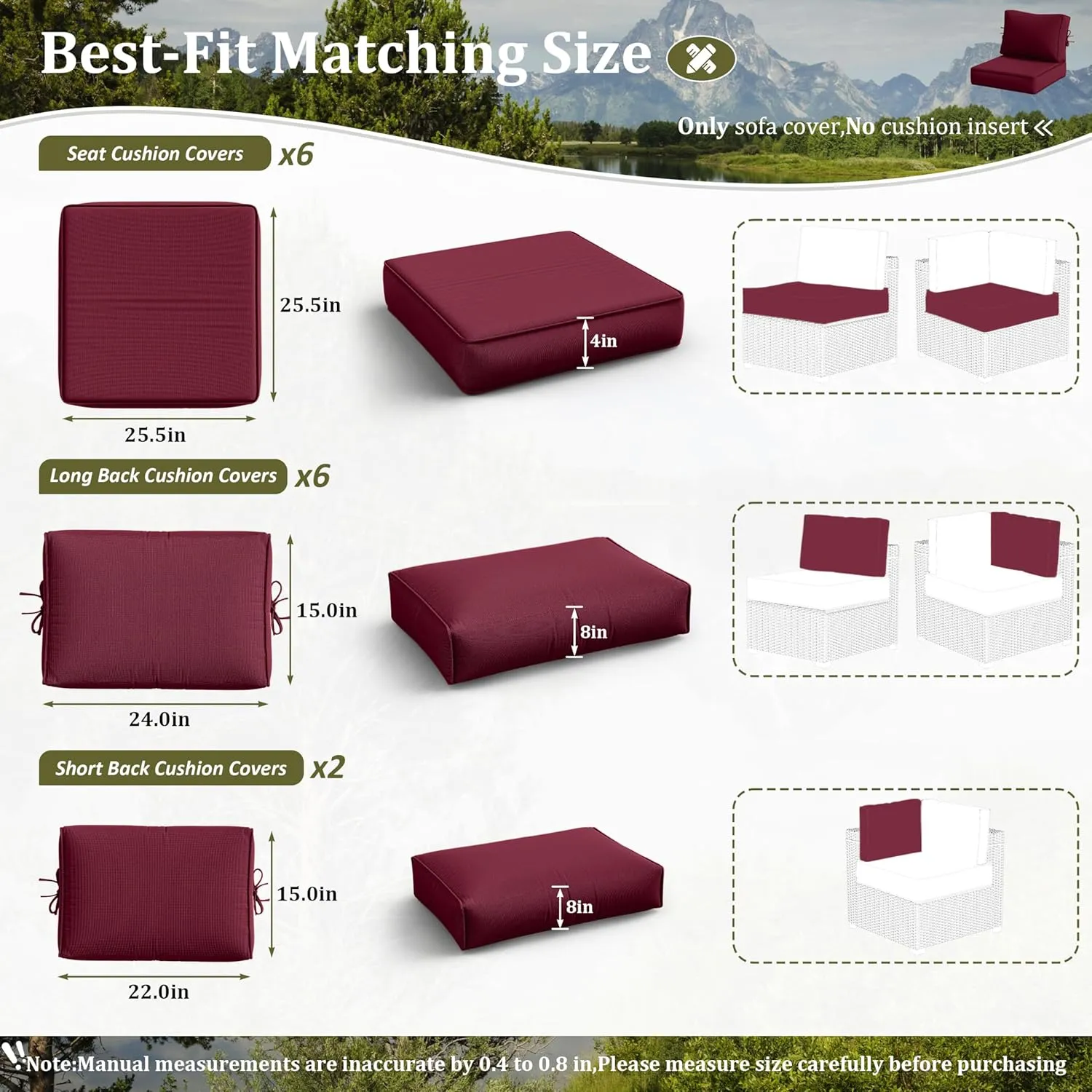 14 Pcs Outdoor Cushion Slipcovers All-Weather Patio Cushion Covers, Replacement Waterproof with Zipper for Patio Furniture, Sectional Couch 3 Sizes, Covers Only