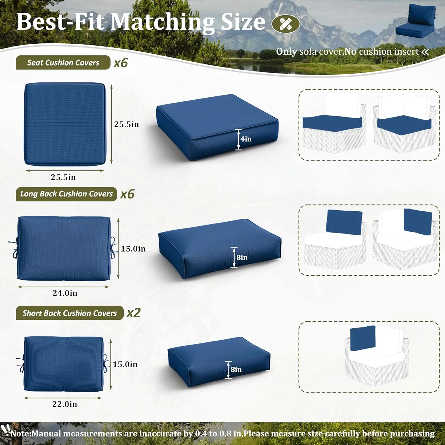 14 Pcs Outdoor Cushion Slipcovers All-Weather Patio Cushion Covers, Replacement Waterproof with Zipper for Patio Furniture, Sectional Couch 3 Sizes, Covers Only