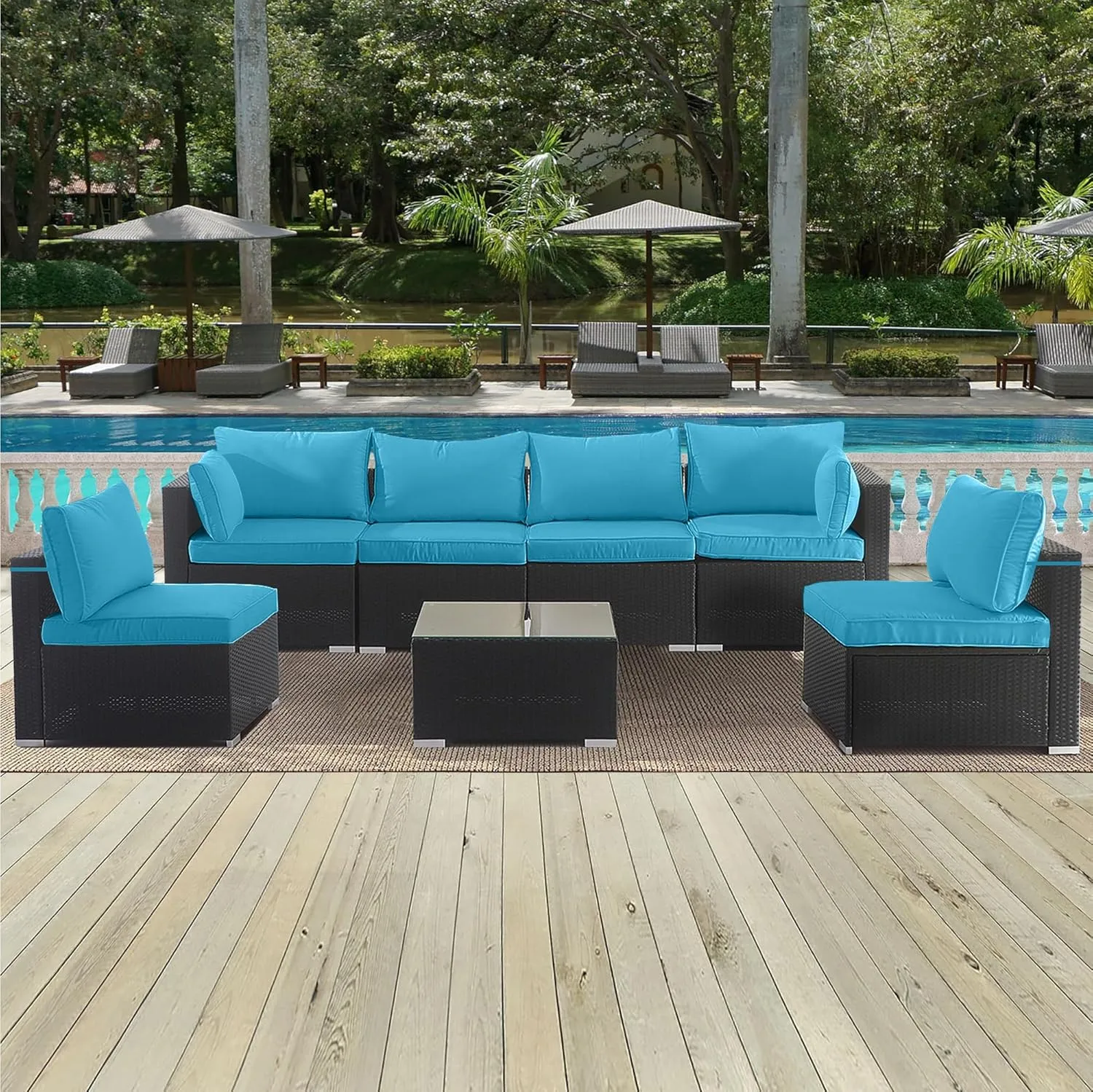 14-Piece Outdoor Cushion Covers for Sectional Wicker Patio Cushion Covers Water Resistant and UV Proof All -Weather Seat Covers with Zipper 3 Sizes (Sky Blue)