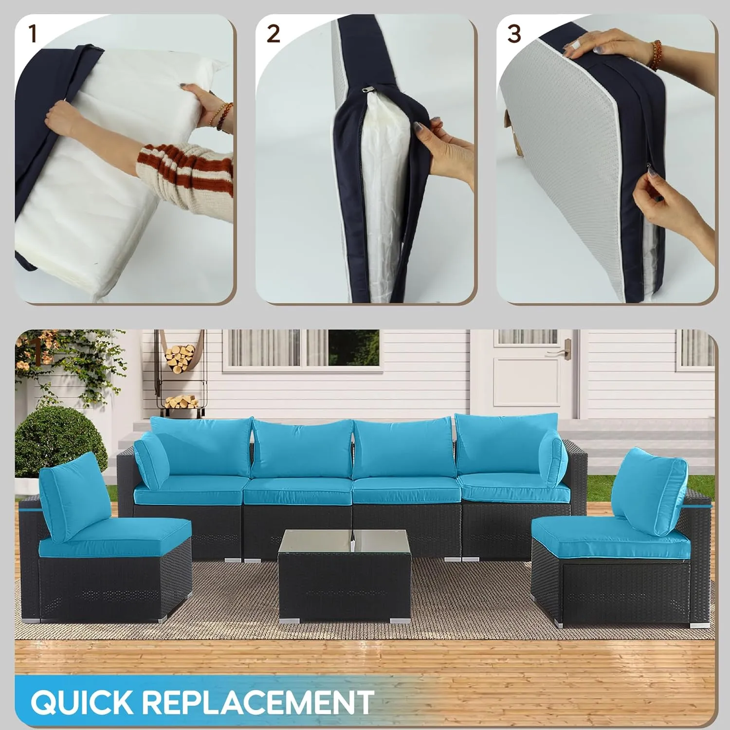14-Piece Outdoor Cushion Covers for Sectional Wicker Patio Cushion Covers Water Resistant and UV Proof All -Weather Seat Covers with Zipper 3 Sizes (Sky Blue)