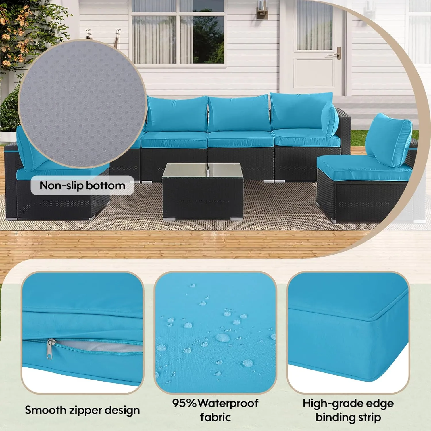 14-Piece Outdoor Cushion Covers for Sectional Wicker Patio Cushion Covers Water Resistant and UV Proof All -Weather Seat Covers with Zipper 3 Sizes (Sky Blue)