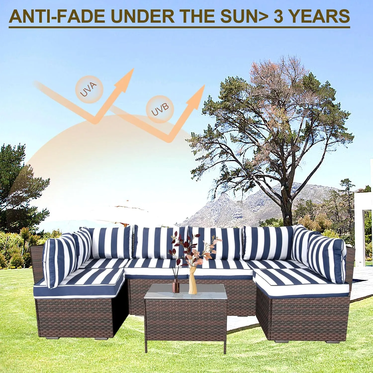 14 Piece Outdoor Patio Cushion Cover Replacement, Waterproof Patio Cushion Covers, Outdoor Furniture Cushion Covers Set for 6 Seat Wicker Rattan Sofa (Blue and White Stripes, 25.6 * 25.6 * 4 inch)