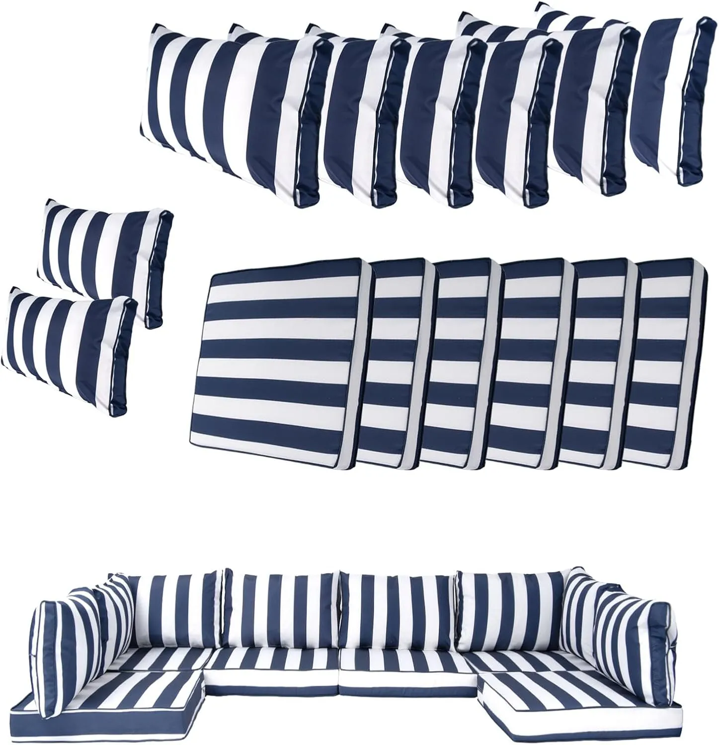 14 Piece Outdoor Patio Cushion Cover Replacement, Waterproof Patio Cushion Covers, Outdoor Furniture Cushion Covers Set for 6 Seat Wicker Rattan Sofa (Blue and White Stripes, 25.6 * 25.6 * 4 inch)