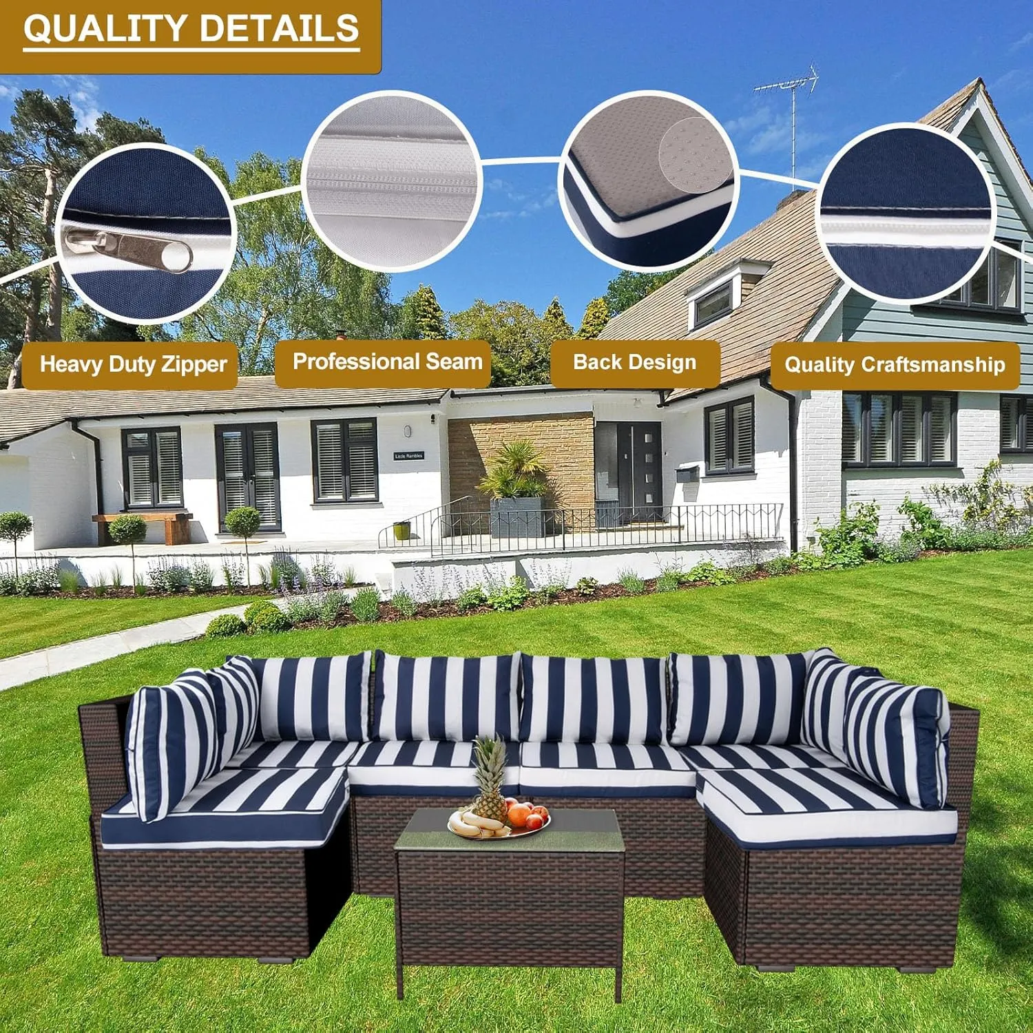 14 Piece Outdoor Patio Cushion Cover Replacement, Waterproof Patio Cushion Covers, Outdoor Furniture Cushion Covers Set for 6 Seat Wicker Rattan Sofa (Blue and White Stripes, 25.6 * 25.6 * 4 inch)