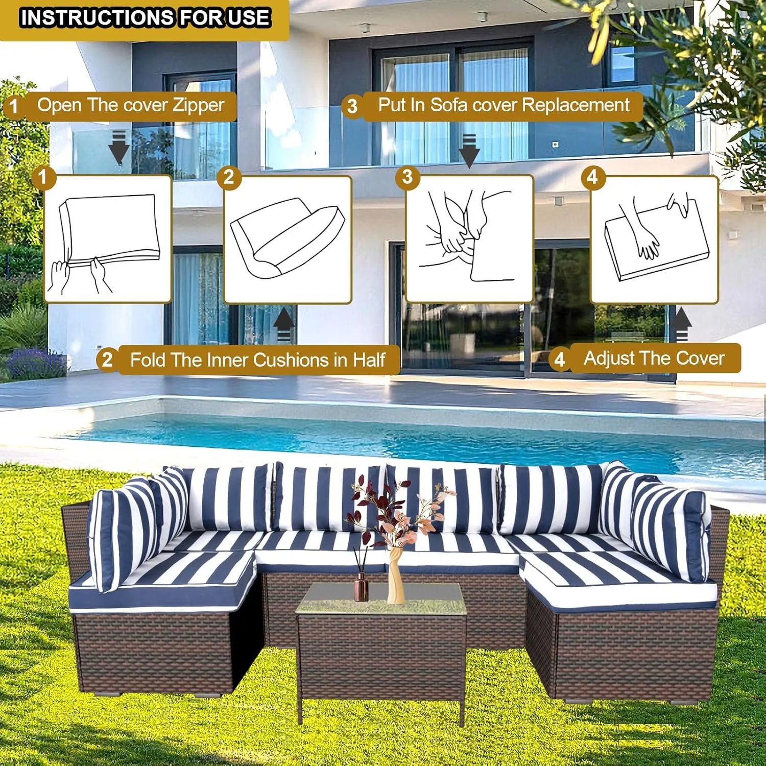 14 Piece Outdoor Patio Cushion Cover Replacement, Waterproof Patio Cushion Covers, Outdoor Furniture Cushion Covers Set for 6 Seat Wicker Rattan Sofa (Blue and White Stripes, 25.6 * 25.6 * 4 inch)