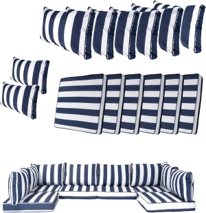 14 Piece Outdoor Patio Cushion Cover Replacement, Waterproof Patio Cushion Covers, Outdoor Furniture Cushion Covers Set for 6 Seat Wicker Rattan Sofa (Blue and White Stripes, 25.6 * 25.6 * 4 inch)