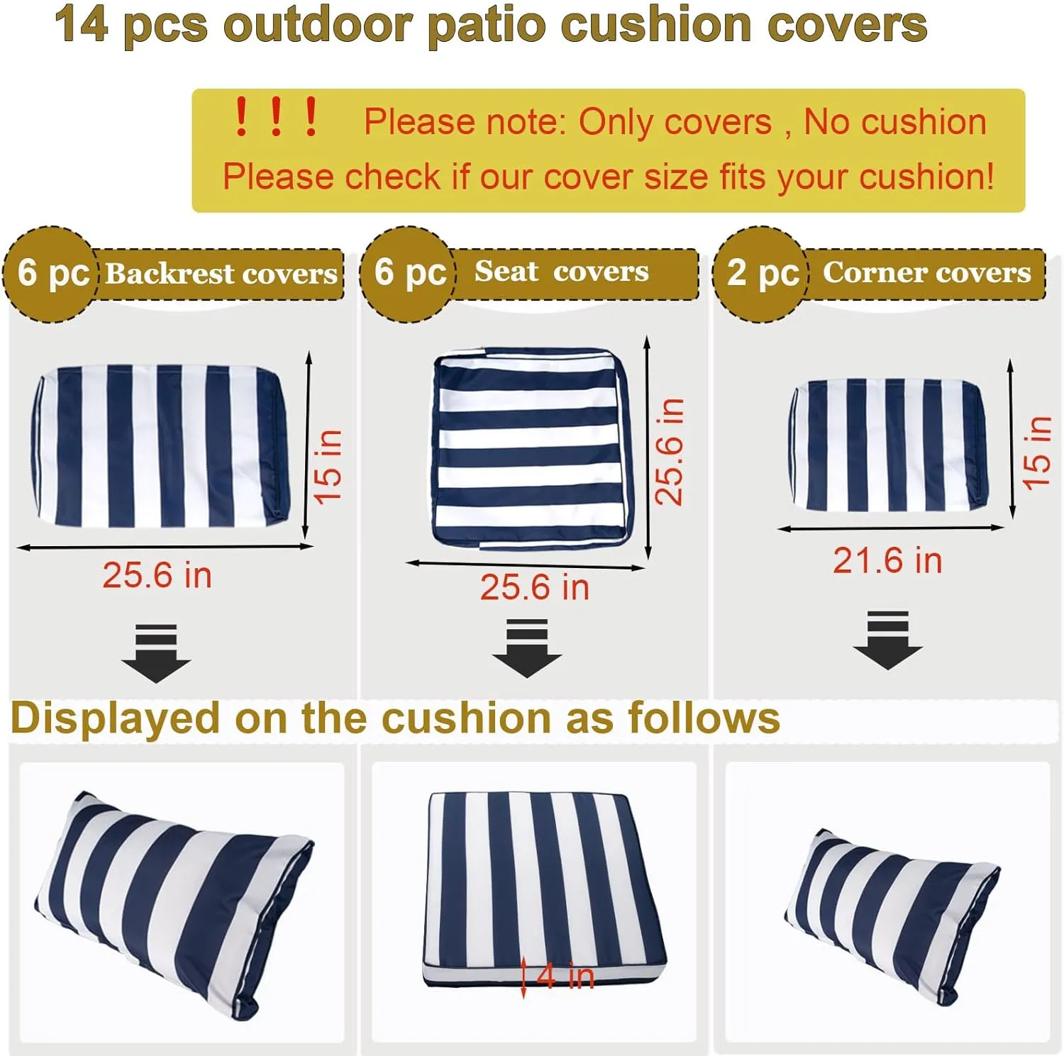 14 Piece Outdoor Patio Cushion Cover Replacement, Waterproof Patio Cushion Covers, Outdoor Furniture Cushion Covers Set for 6 Seat Wicker Rattan Sofa (Blue and White Stripes, 25.6 * 25.6 * 4 inch)