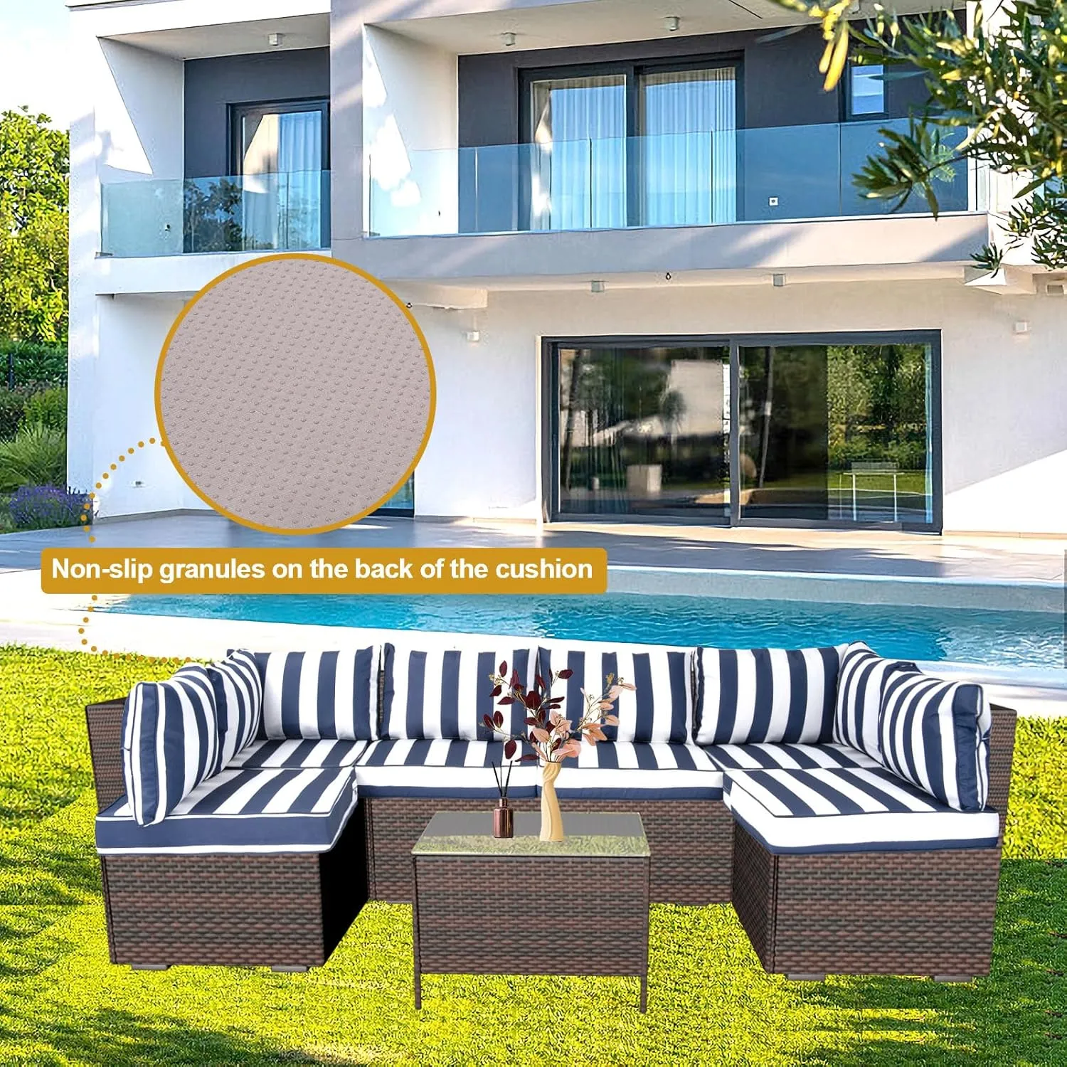 14 Piece Outdoor Patio Cushion Cover Replacement, Waterproof Patio Cushion Covers, Outdoor Furniture Cushion Covers Set for 6 Seat Wicker Rattan Sofa (Blue and White Stripes, 25.6 * 25.6 * 4 inch)