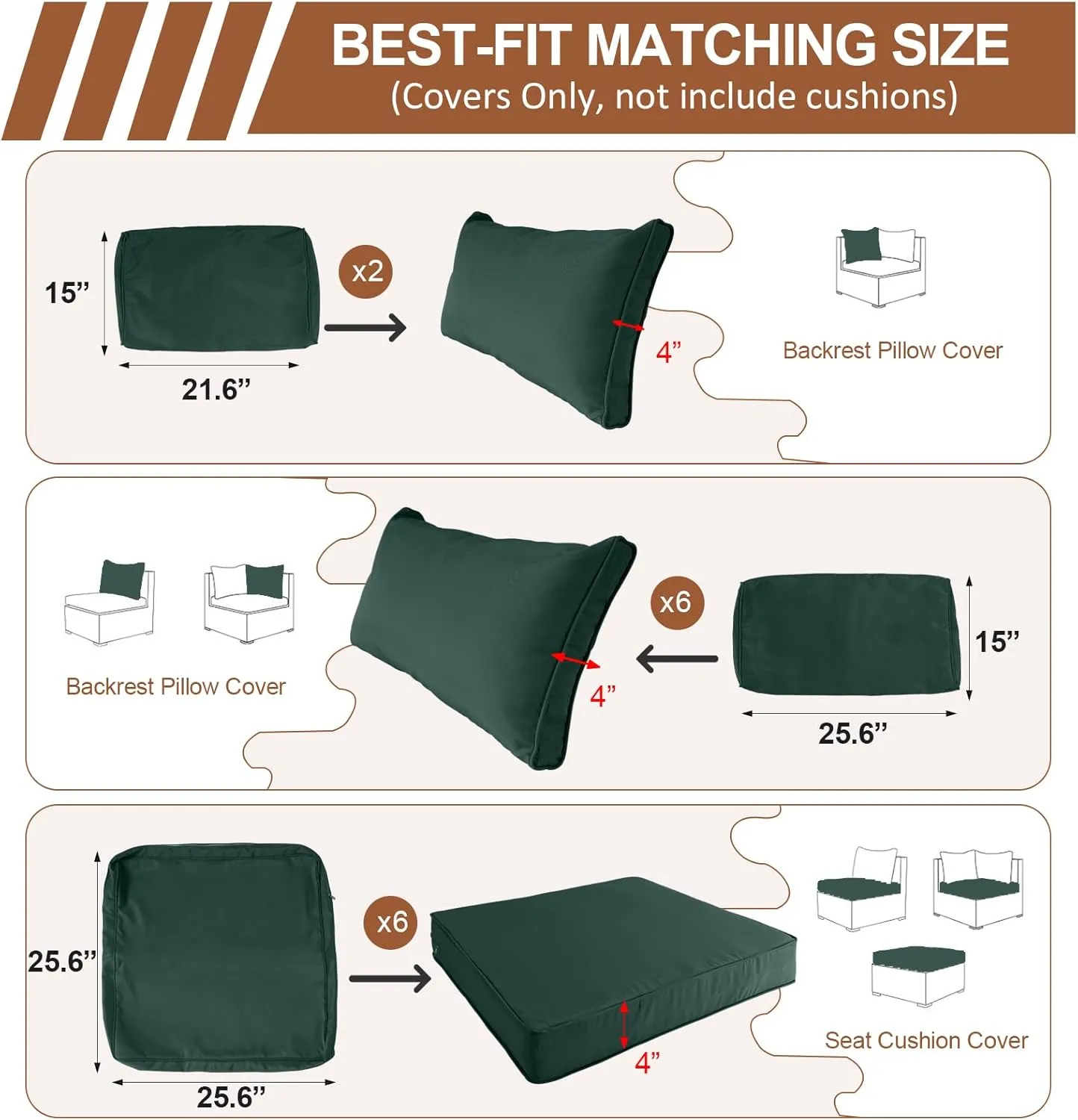 14 Piece Outdoor Patio Cushion Covers Replacement, Fit 7 Piece 6-Seater Wicker Rattan Patio Furniture Conversation Set, Outdoor Cushion Slipcover with Zipper, Dark Green(Only Cover)