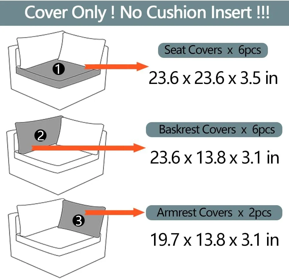 14Pcs Outdoor Cushion Covers Replacement Washable Waterproof UV w/Zipper for 6-Seaters Sofa Patio Slipcovers Set Seat and Back Covers Only (Dark Gray, 23.6x23.6x4inch)