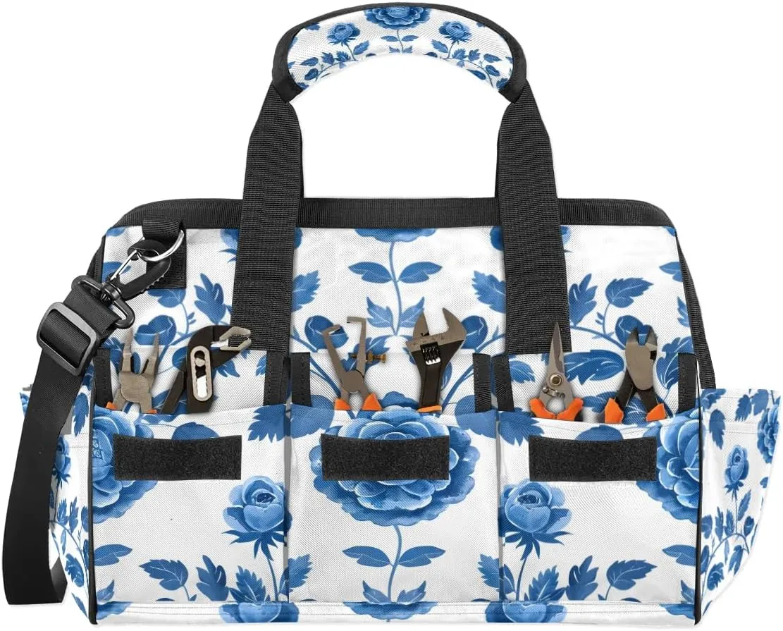 15 Inch Tool Bag 14-Pockets Tool Box Organizer for Men Blue Floral Paint Tool Tote Bag Waterproof Toolbox with Shoulder Strap Heavy Duty Garden Tool Organizer for Mechanic