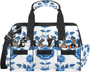15 Inch Tool Bag 14-Pockets Tool Box Organizer for Men Blue Floral Paint Tool Tote Bag Waterproof Toolbox with Shoulder Strap Heavy Duty Garden Tool Organizer for Mechanic