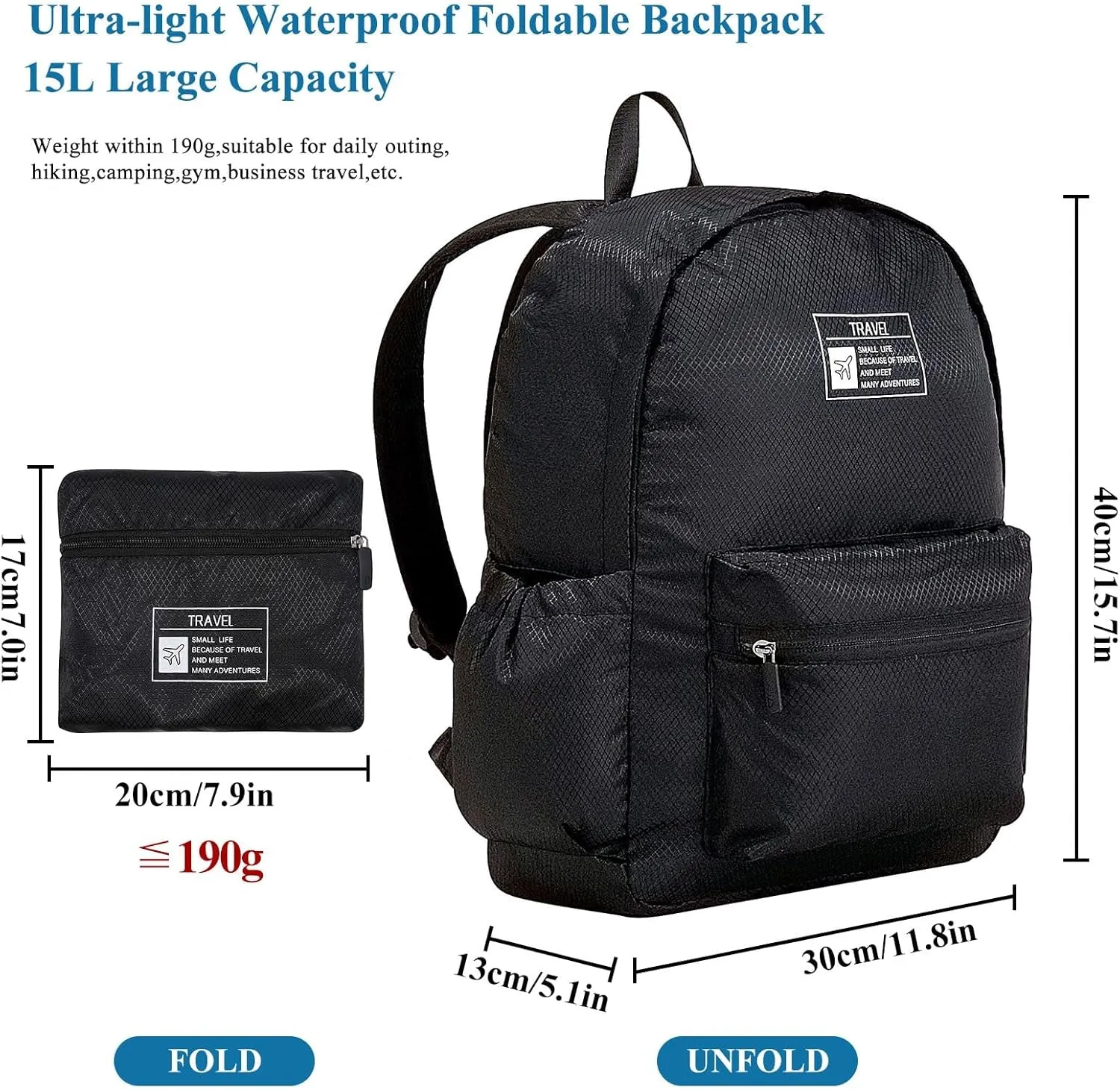 15L Packable Lightweight Backpack for Women Men Water Resistant Foldable Hiking Travel Camping Daypack (Black)