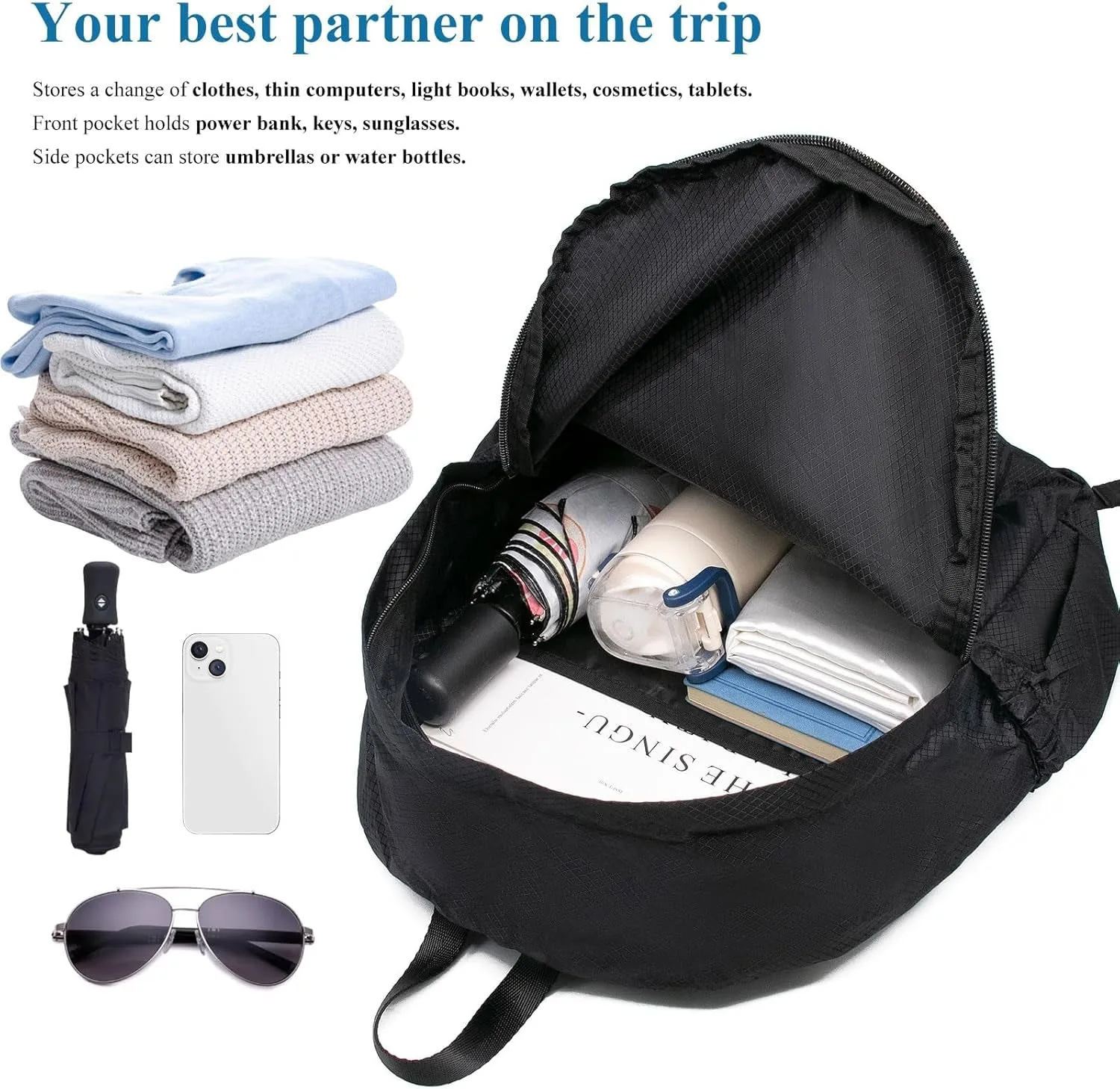 15L Packable Lightweight Backpack for Women Men Water Resistant Foldable Hiking Travel Camping Daypack (Black)