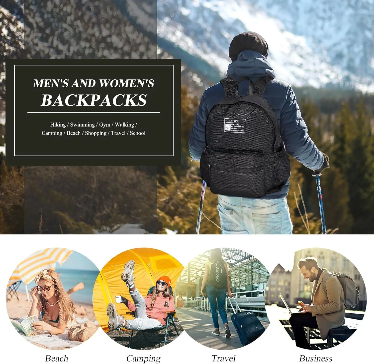 15L Packable Lightweight Backpack for Women Men Water Resistant Foldable Hiking Travel Camping Daypack (Black)