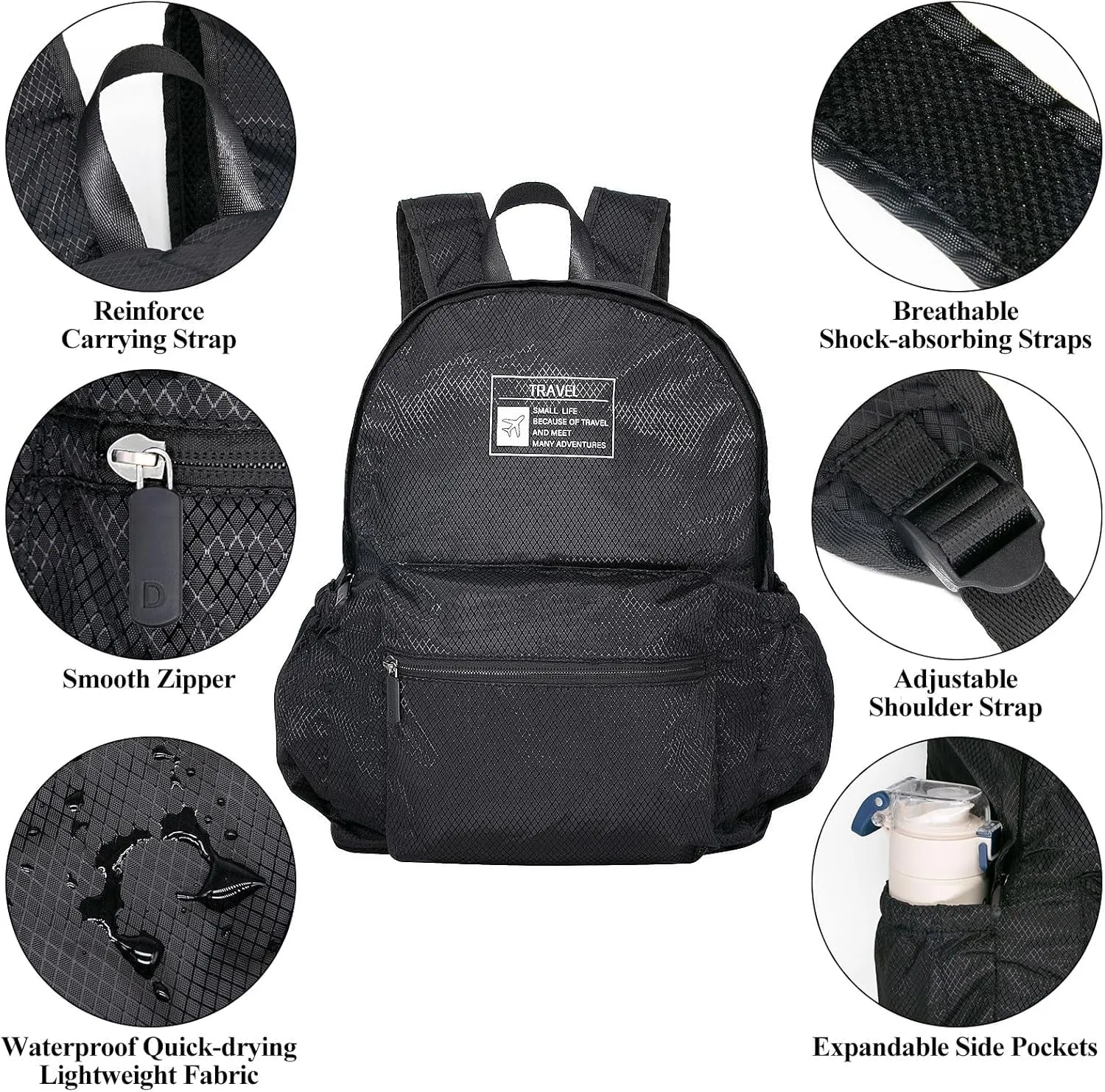 15L Packable Lightweight Backpack for Women Men Water Resistant Foldable Hiking Travel Camping Daypack (Black)