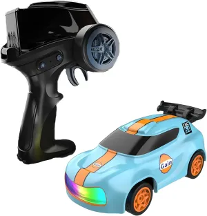 1:64 Scale Cartoon RC Drift Car with 6-Color LED Lights & Instant Boost – Type-C Fast Charge, 2.4GHz Remote Control, Adjustable Drift Modes – Interactive Mini Racer Light Blue