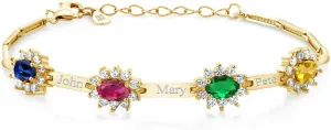 18K Yellow Gold Plated Silver Customized and Personalized 4-Stone Gemstone Birthstone and White Created Sapphire Free Engraving Lazer Cut Tennis Bracelet For Women 7 Inches   1 Inch Extender