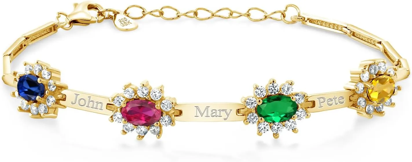 18K Yellow Gold Plated Silver Customized and Personalized 4-Stone Gemstone Birthstone and White Created Sapphire Free Engraving Lazer Cut Tennis Bracelet For Women 7 Inches   1 Inch Extender