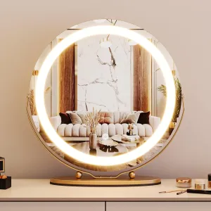 19'' Vanity Mirror with Led Lights, Large Round Makeup Mirror with Touch Control and 3 Color Lighting Modes, Round Vanity Mirror for Bedroom, Tabletop, Living Room, Easy to Install, Gold