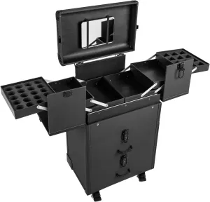 2-Drawer Rolling Makeup Train Case with Mirror,Portable Makeup Organizer Suitcase on Wheels,Lockable Cosmetic Organizer Trolley,Black