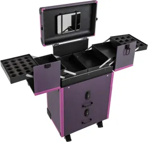 2-Drawer Rolling Makeup Train Case with Mirror,Portable Makeup Organizer Suitcase on Wheels,Lockable Cosmetic Organizer Trolley,Purple