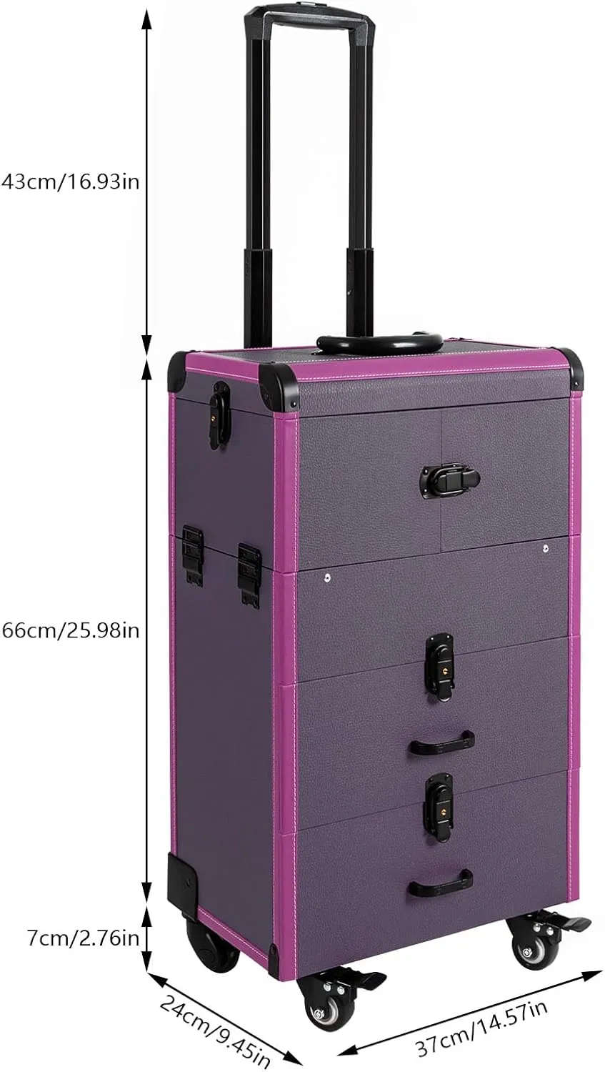 2-Drawer Rolling Makeup Train Case with Mirror,Portable Makeup Organizer Suitcase on Wheels,Lockable Cosmetic Organizer Trolley,Purple