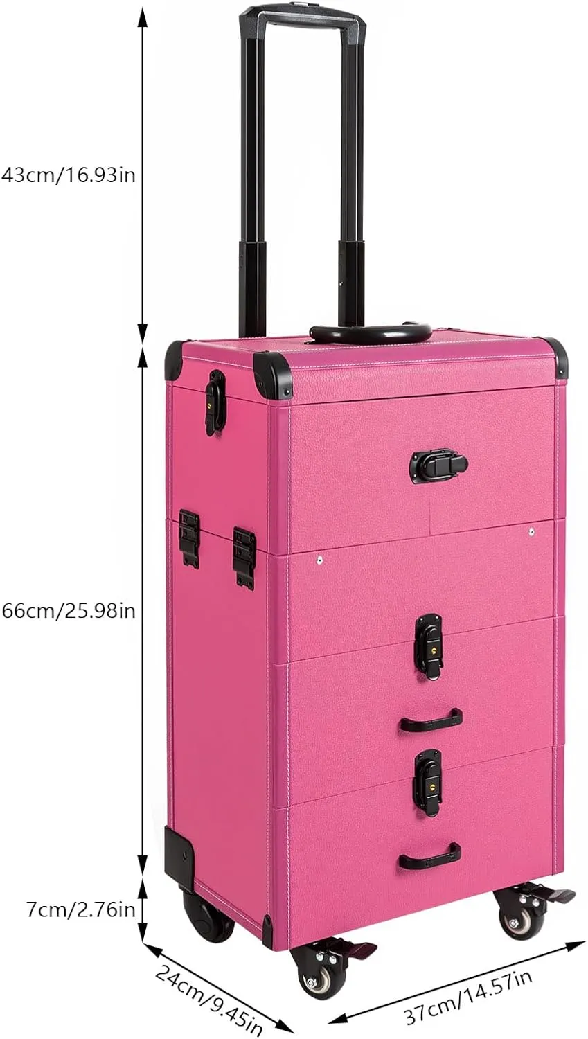 2-Drawer Rolling Makeup Train Case with Mirror,Portable Makeup Organizer Suitcase on Wheels,Lockable Cosmetic Organizer Trolley,Rose