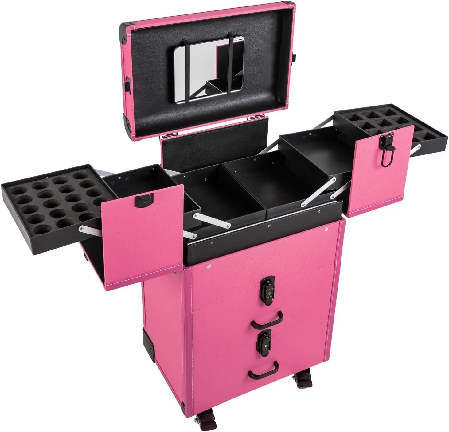2-Drawer Rolling Makeup Train Case with Mirror,Portable Makeup Organizer Suitcase on Wheels,Lockable Cosmetic Organizer Trolley,Rose