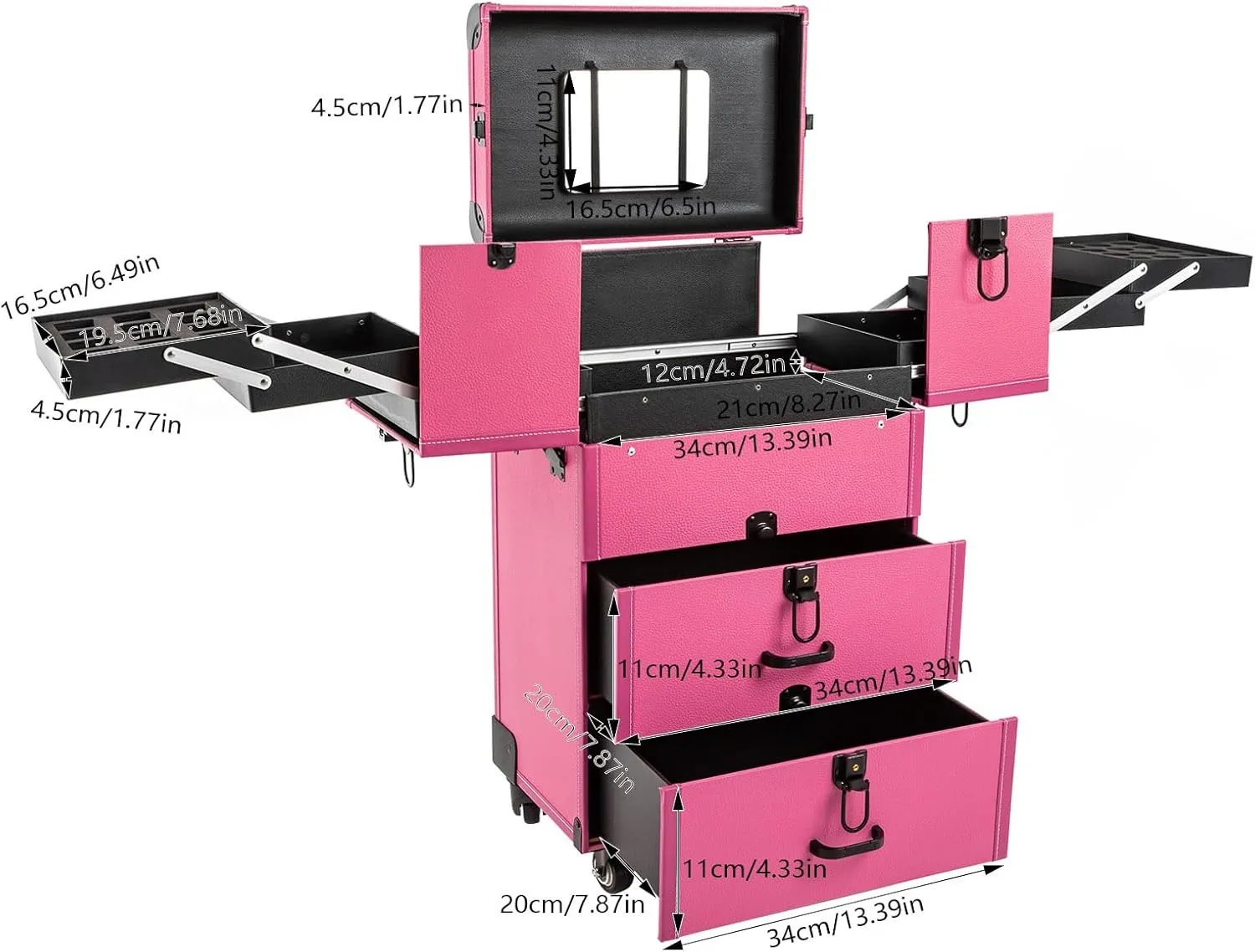 2-Drawer Rolling Makeup Train Case with Mirror,Portable Makeup Organizer Suitcase on Wheels,Lockable Cosmetic Organizer Trolley,Rose