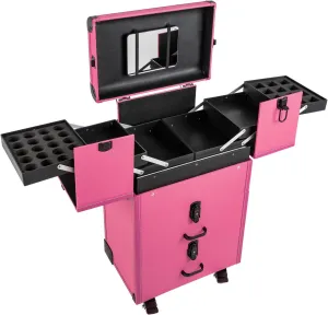 2-Drawer Rolling Makeup Train Case with Mirror,Portable Makeup Organizer Suitcase on Wheels,Lockable Cosmetic Organizer Trolley,Rose