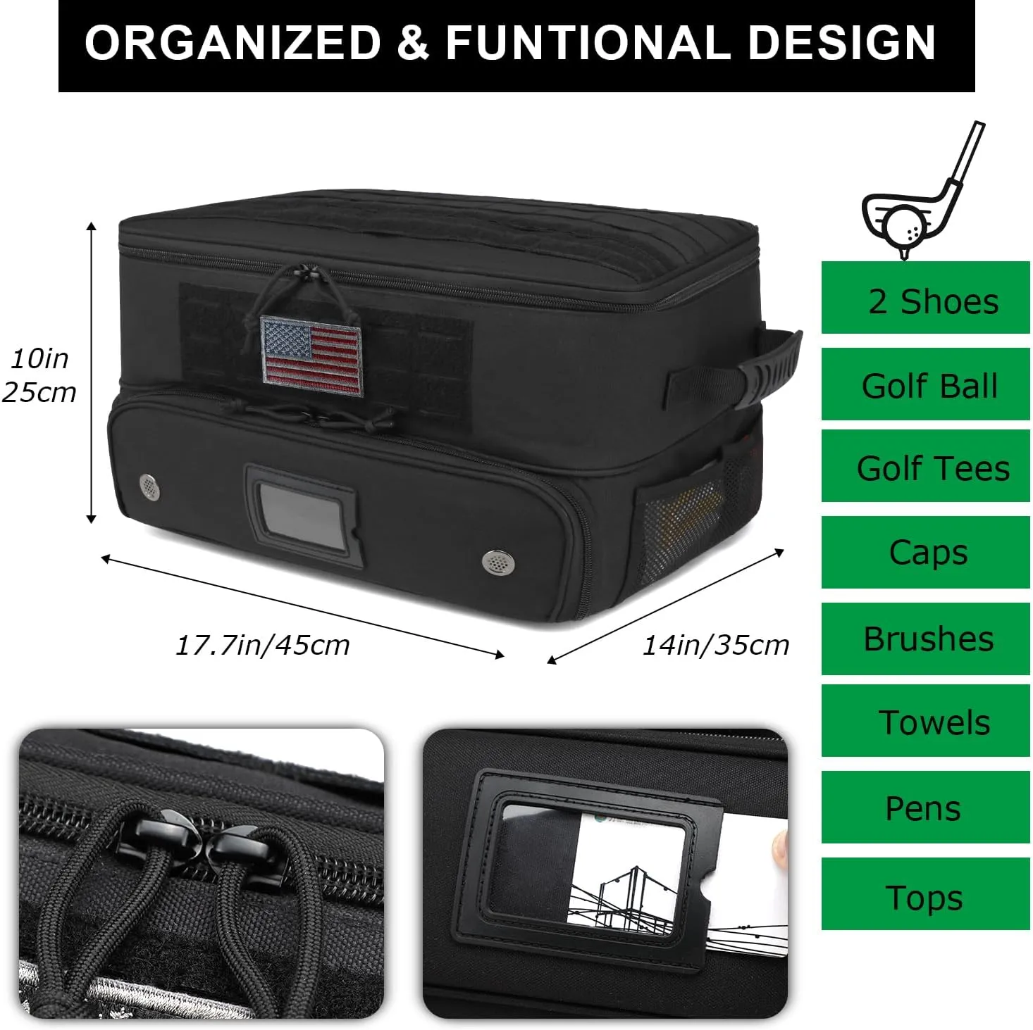 2 Layer Golf Trunk Organizer, Golf Car Locker with Individual Ventilated Compartment for 2 Pairs Shoes, Golf Car Storage Organizer for Balls, Clothes, Tees, Gloves, Accessories
