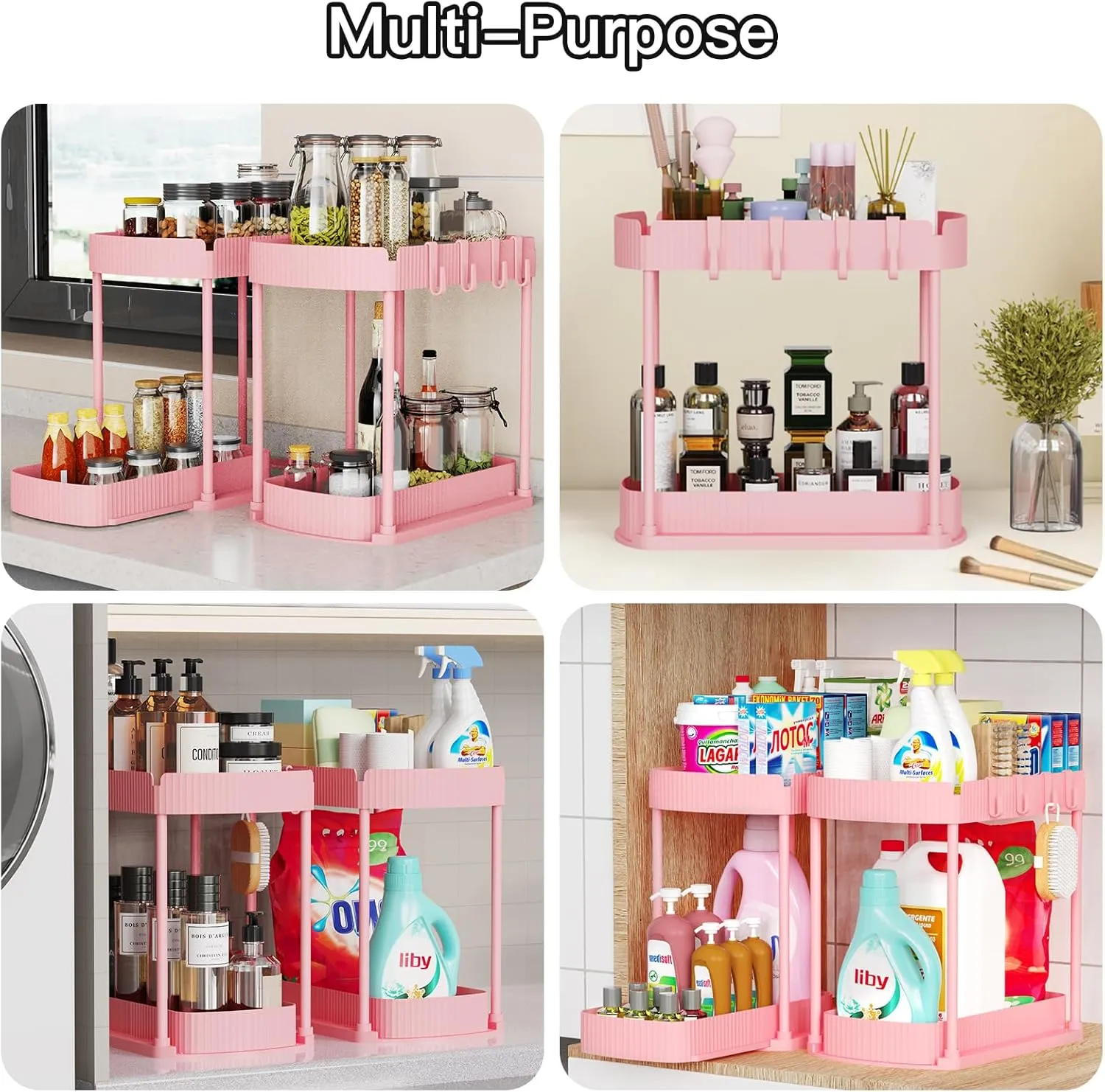 2 Pack Multi-Purpose Pull-Out Storage Organizers, Under Sink & Cabinet Organizers, 12.8 Inch Pink