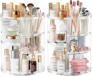 2 Pack Rotating Makeup Organizer for Vanity, Cosmetic Storage for Bathroom Countertop, Large Acrylic Spinning Organizers, Perfume Shelves and Skincare Organizer with Brush Holder (Clear)
