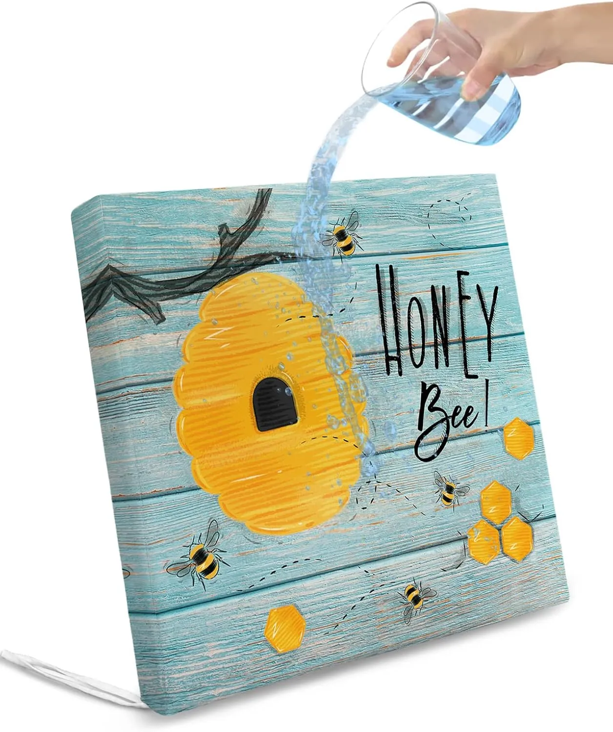 2 Pack Waterproof Patio Cushion Cover for Outdoor,Farm Honey and Bee Yellow Honeycomb Washable Replacement Covers Furniture Seat Slipcover for Couch Sofa Chair,Blue Wooden Board,20x18in