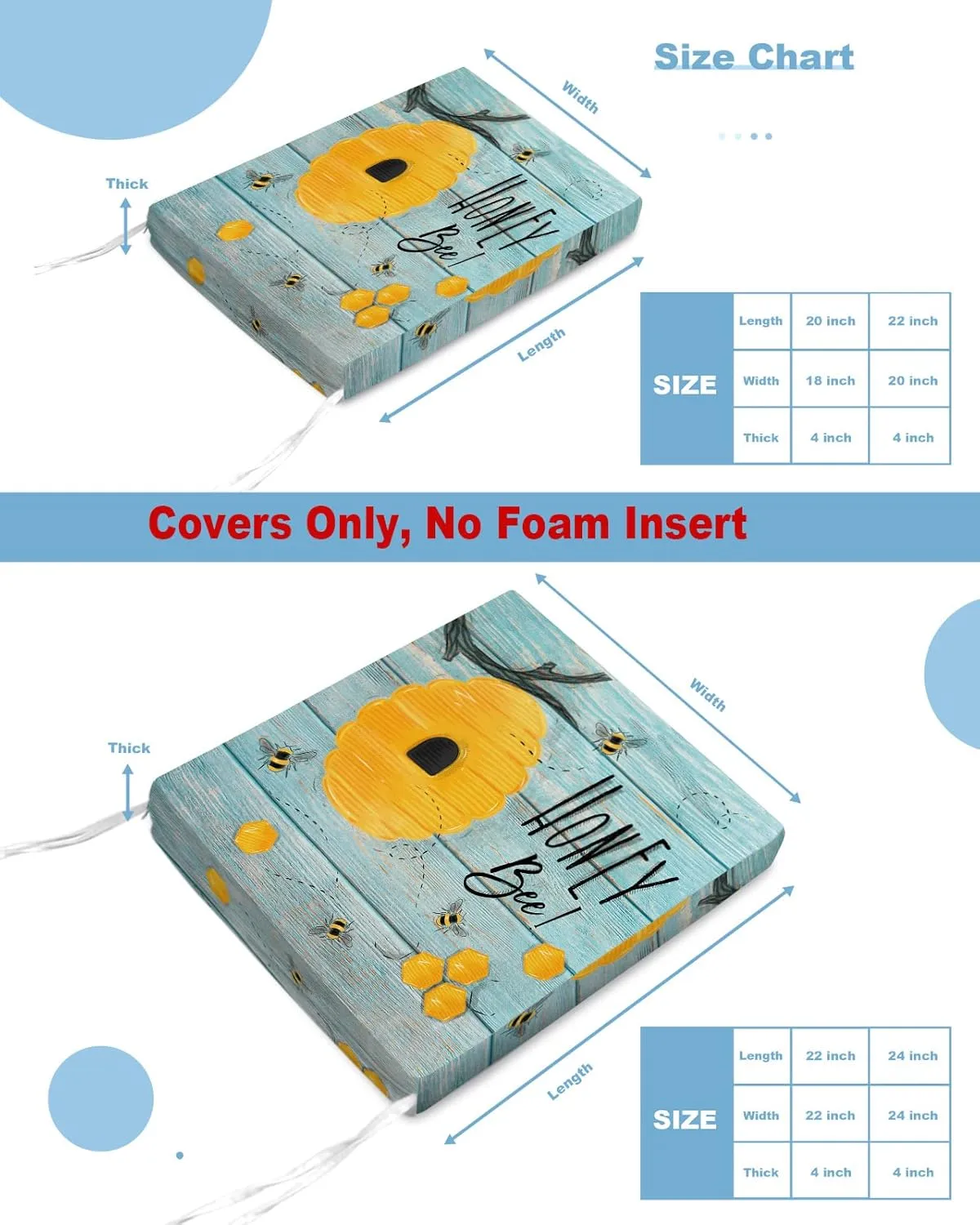 2 Pack Waterproof Patio Cushion Cover for Outdoor,Farm Honey and Bee Yellow Honeycomb Washable Replacement Covers Furniture Seat Slipcover for Couch Sofa Chair,Blue Wooden Board,20x18in