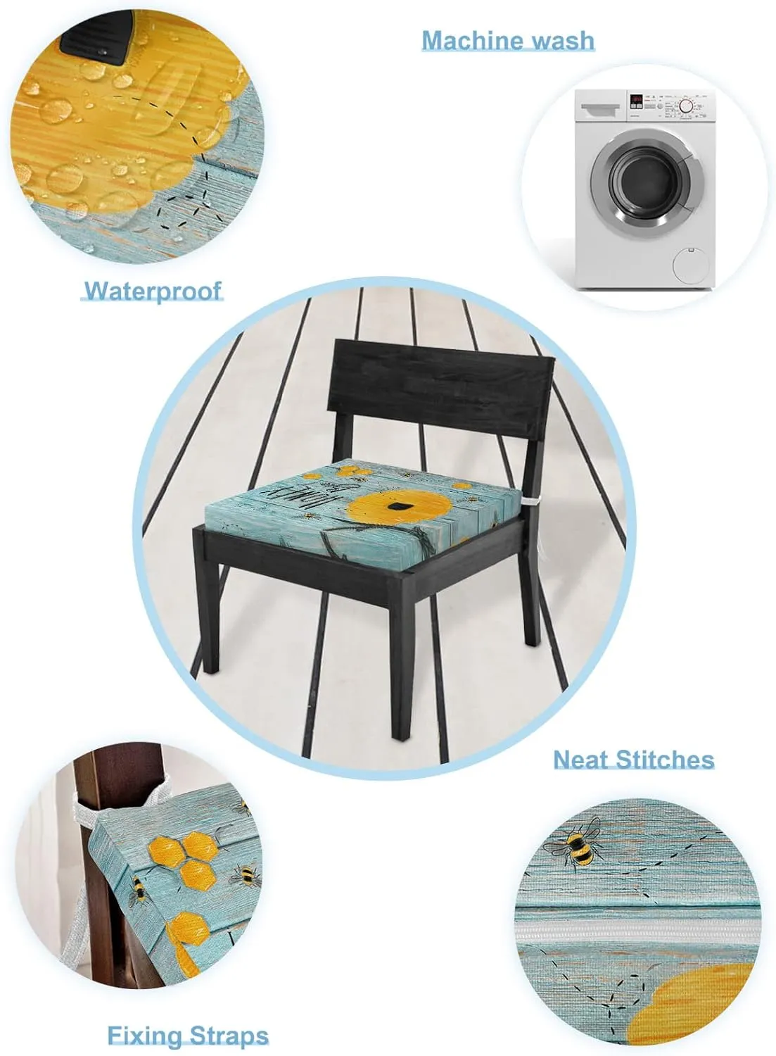 2 Pack Waterproof Patio Cushion Cover for Outdoor,Farm Honey and Bee Yellow Honeycomb Washable Replacement Covers Furniture Seat Slipcover for Couch Sofa Chair,Blue Wooden Board,20x18in