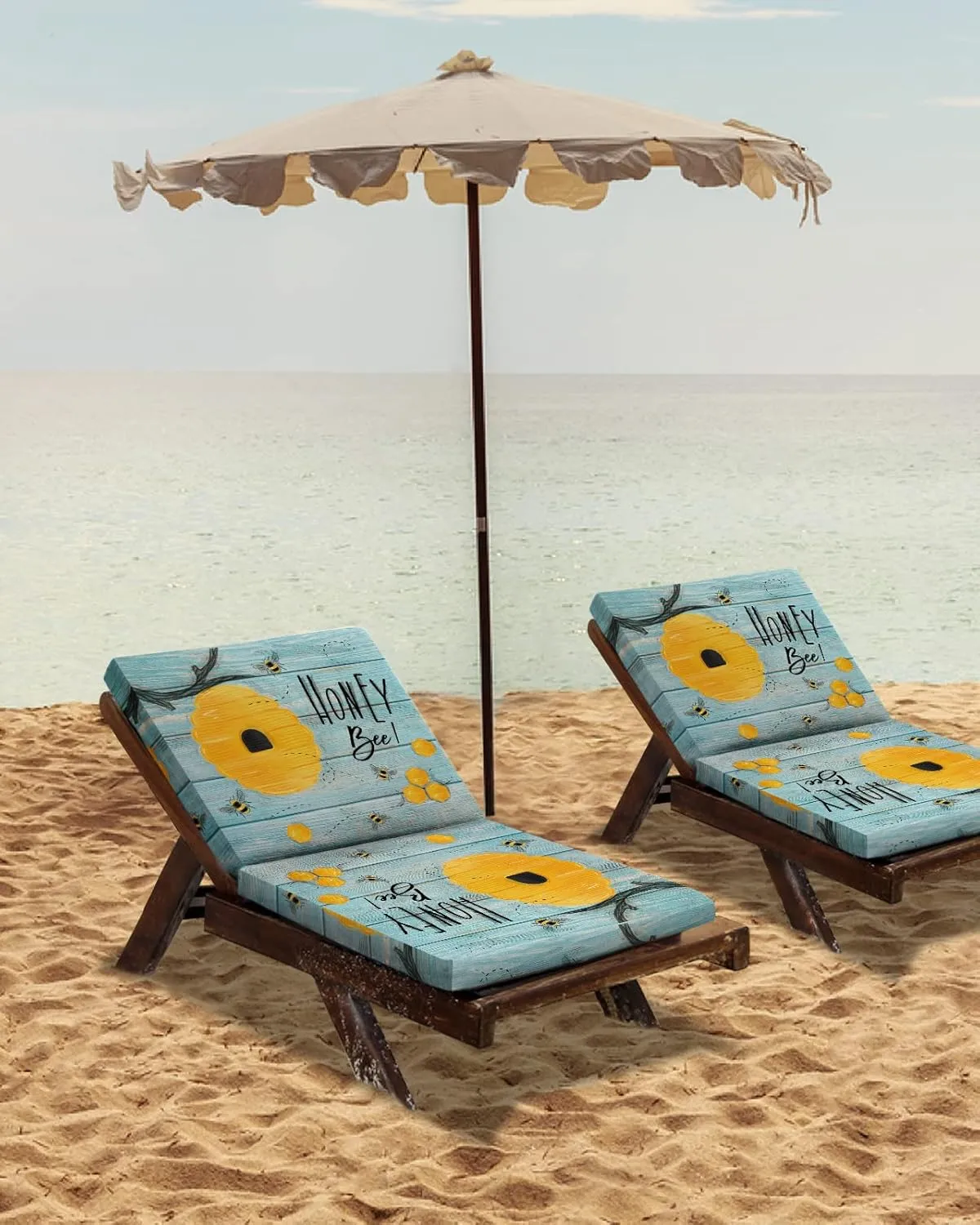 2 Pack Waterproof Patio Cushion Cover for Outdoor,Farm Honey and Bee Yellow Honeycomb Washable Replacement Covers Furniture Seat Slipcover for Couch Sofa Chair,Blue Wooden Board,20x18in
