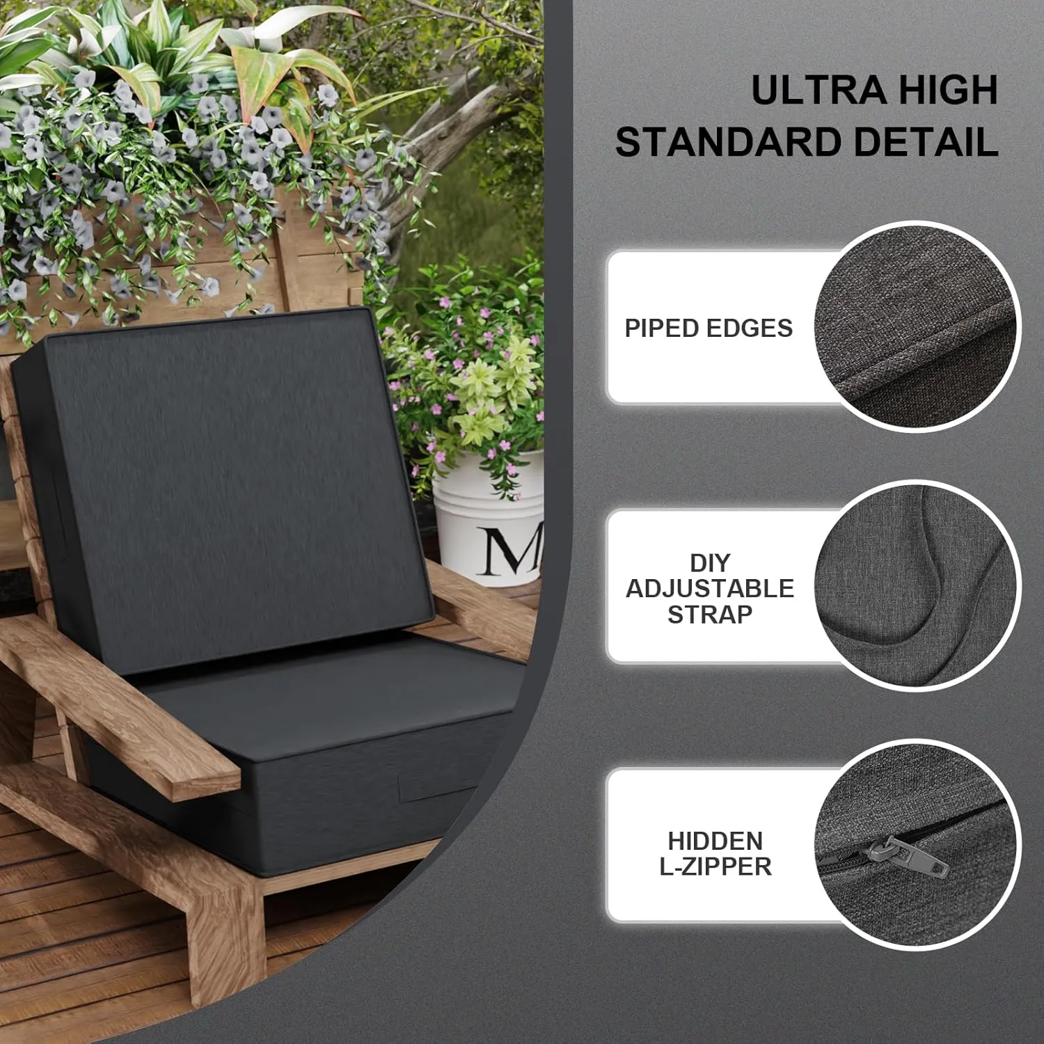 2 PCS Outdoor Water-Resistant Olefin Deep Seat Cushion Set, 24 x 24 x 6 Inch Weather and Fade Resistant Patio Furniture Chair Cushion, Thickened Sofa Seat Pad with Straps, Dark Gray