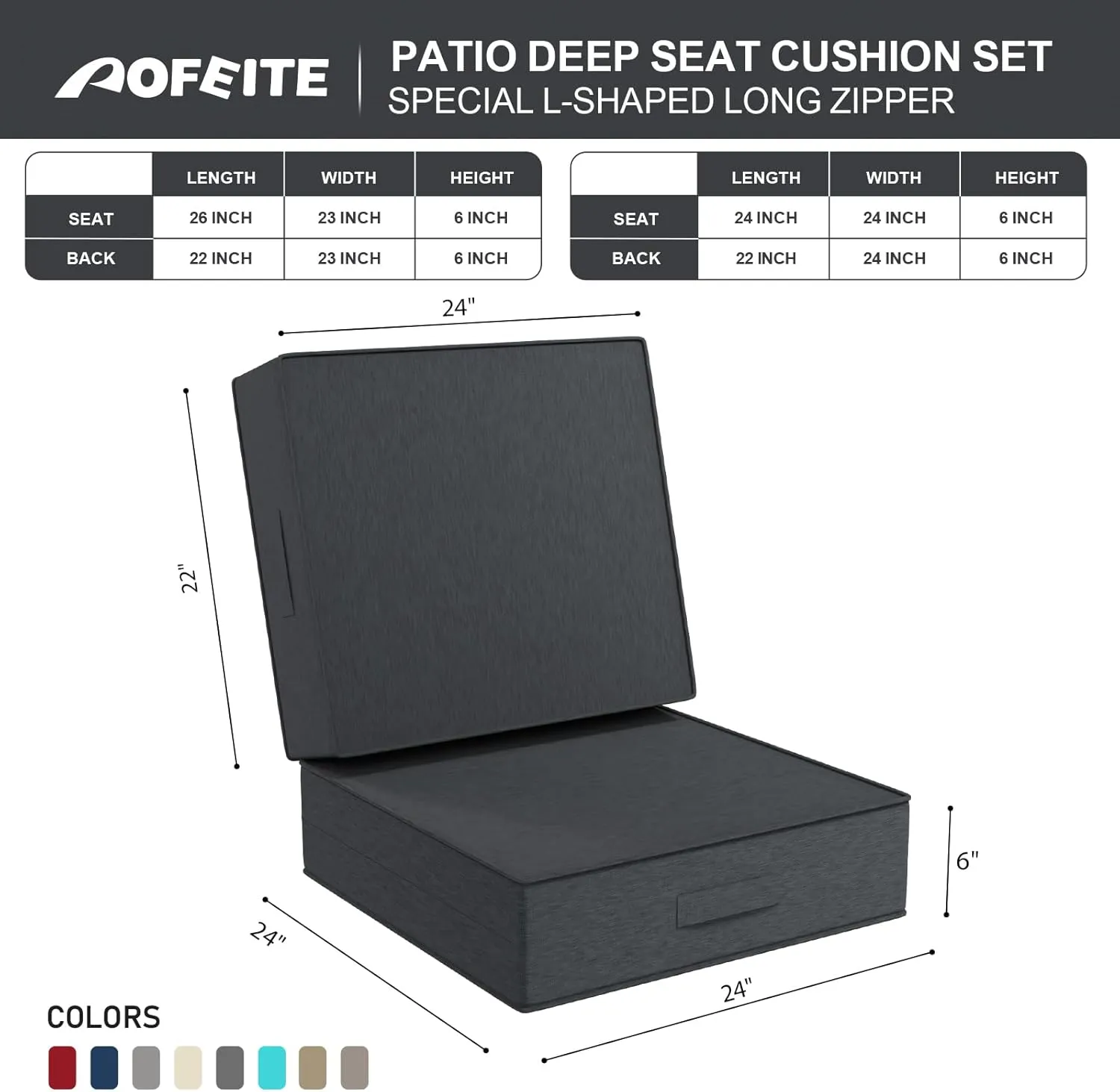 2 PCS Outdoor Water-Resistant Olefin Deep Seat Cushion Set, 24 x 24 x 6 Inch Weather and Fade Resistant Patio Furniture Chair Cushion, Thickened Sofa Seat Pad with Straps, Dark Gray