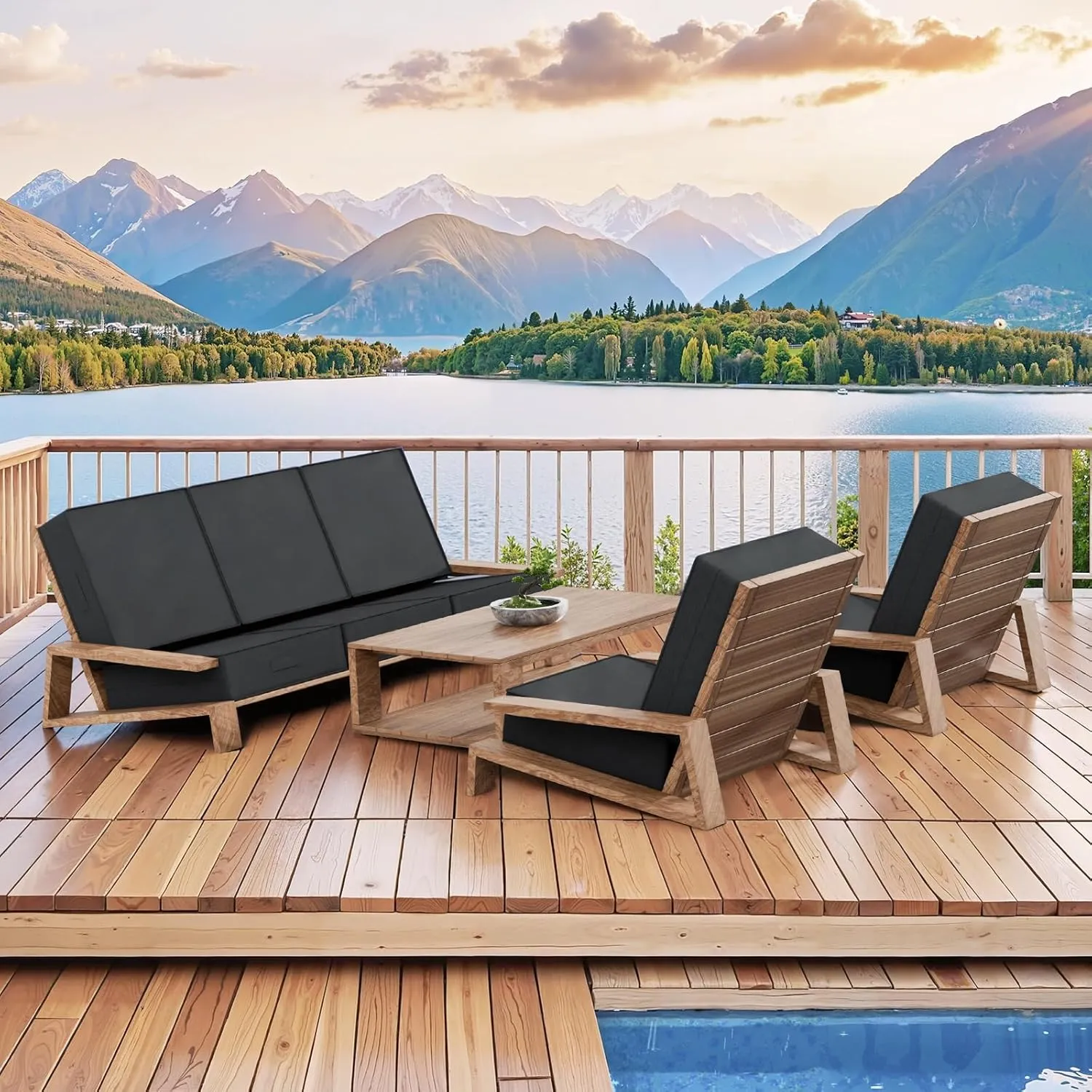 2 PCS Outdoor Water-Resistant Olefin Deep Seat Cushion Set, 24 x 24 x 6 Inch Weather and Fade Resistant Patio Furniture Chair Cushion, Thickened Sofa Seat Pad with Straps, Dark Gray