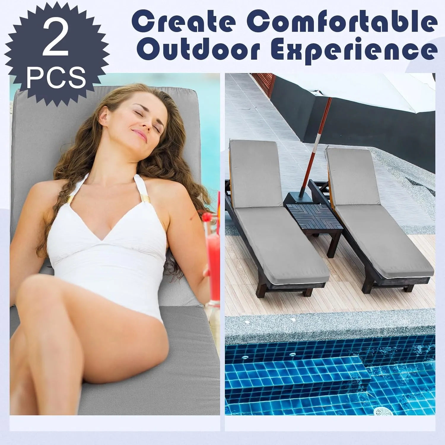 2 Pcs Waterproof Chaise Lounge Cushion Cover Outdoor (Not Includes Cushion) 72 x 21 x 3 Inch Chair Replacement Cover Chaise Slipcover with Zipper Ties for Patio Pool (Light Grey)