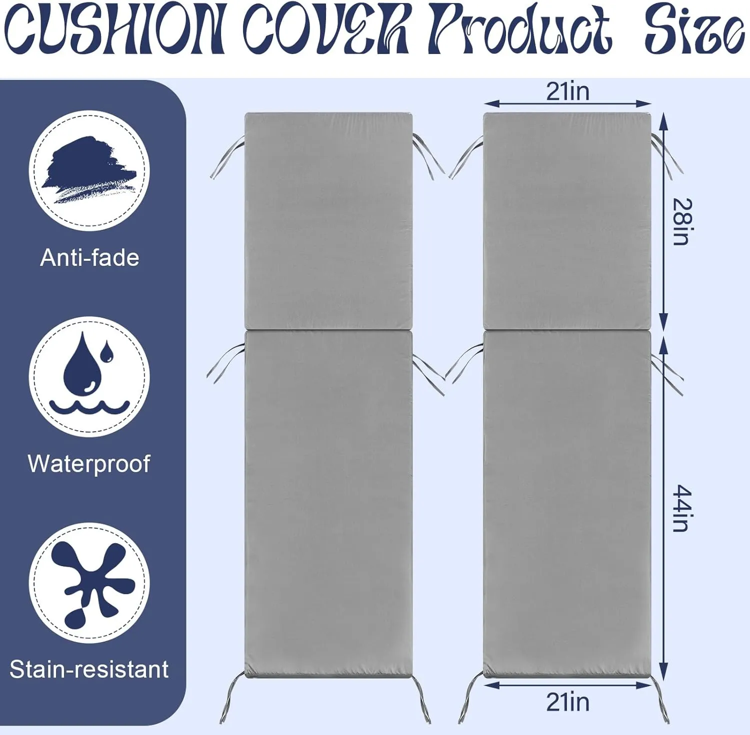 2 Pcs Waterproof Chaise Lounge Cushion Cover Outdoor (Not Includes Cushion) 72 x 21 x 3 Inch Chair Replacement Cover Chaise Slipcover with Zipper Ties for Patio Pool (Light Grey)