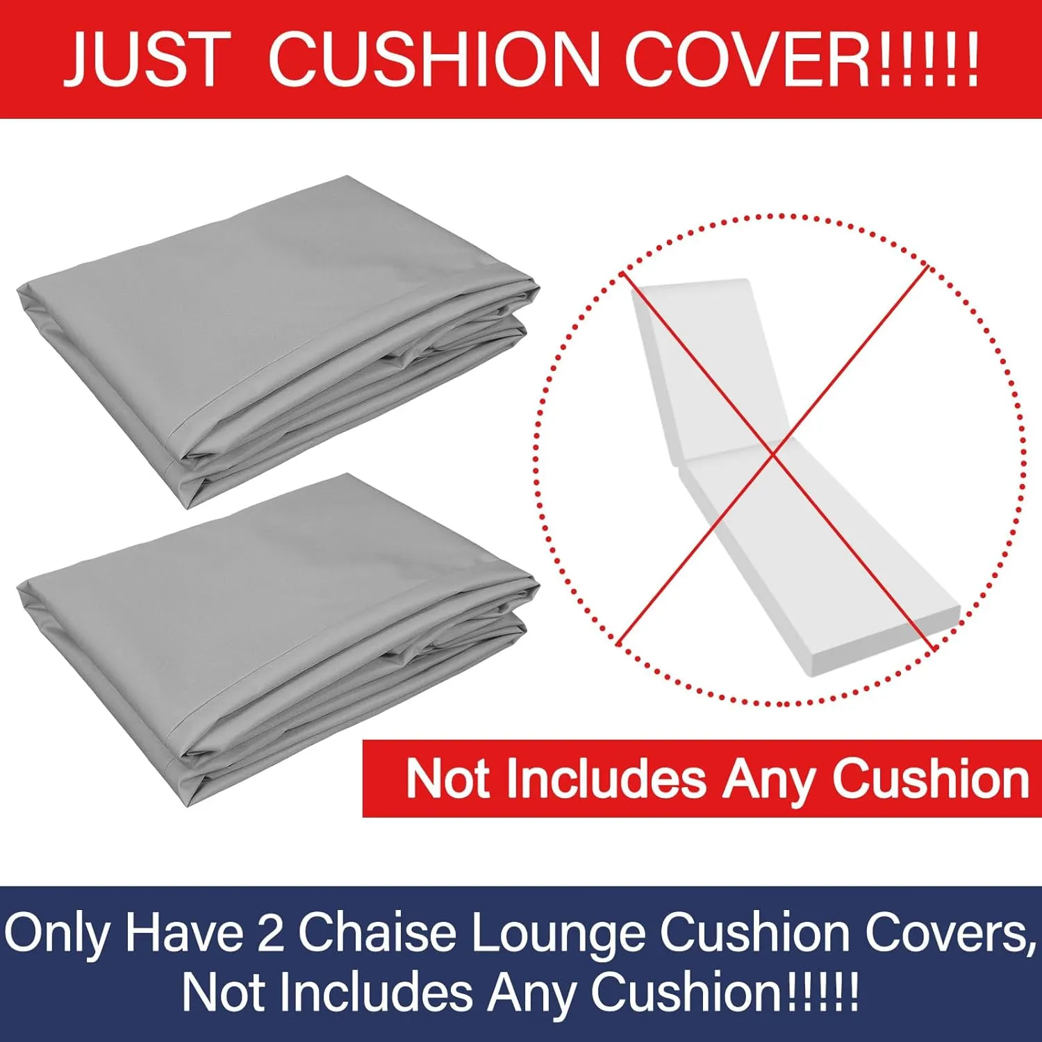 2 Pcs Waterproof Chaise Lounge Cushion Cover Outdoor (Not Includes Cushion) 72 x 21 x 3 Inch Chair Replacement Cover Chaise Slipcover with Zipper Ties for Patio Pool (Light Grey)