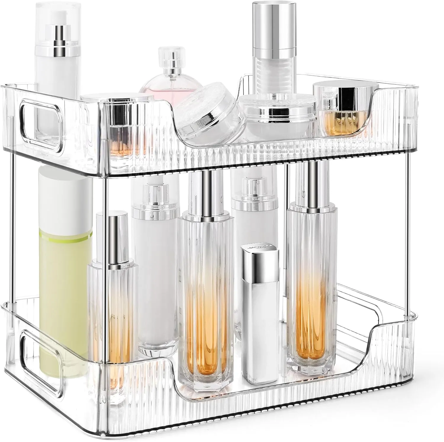 2-Tier Bathroom Counter Organizer Countertop Storage, Dresser Organizer Vanity Tray for Makeup, Perfume Organizer Cosmetics Skincare Shelf- Clear