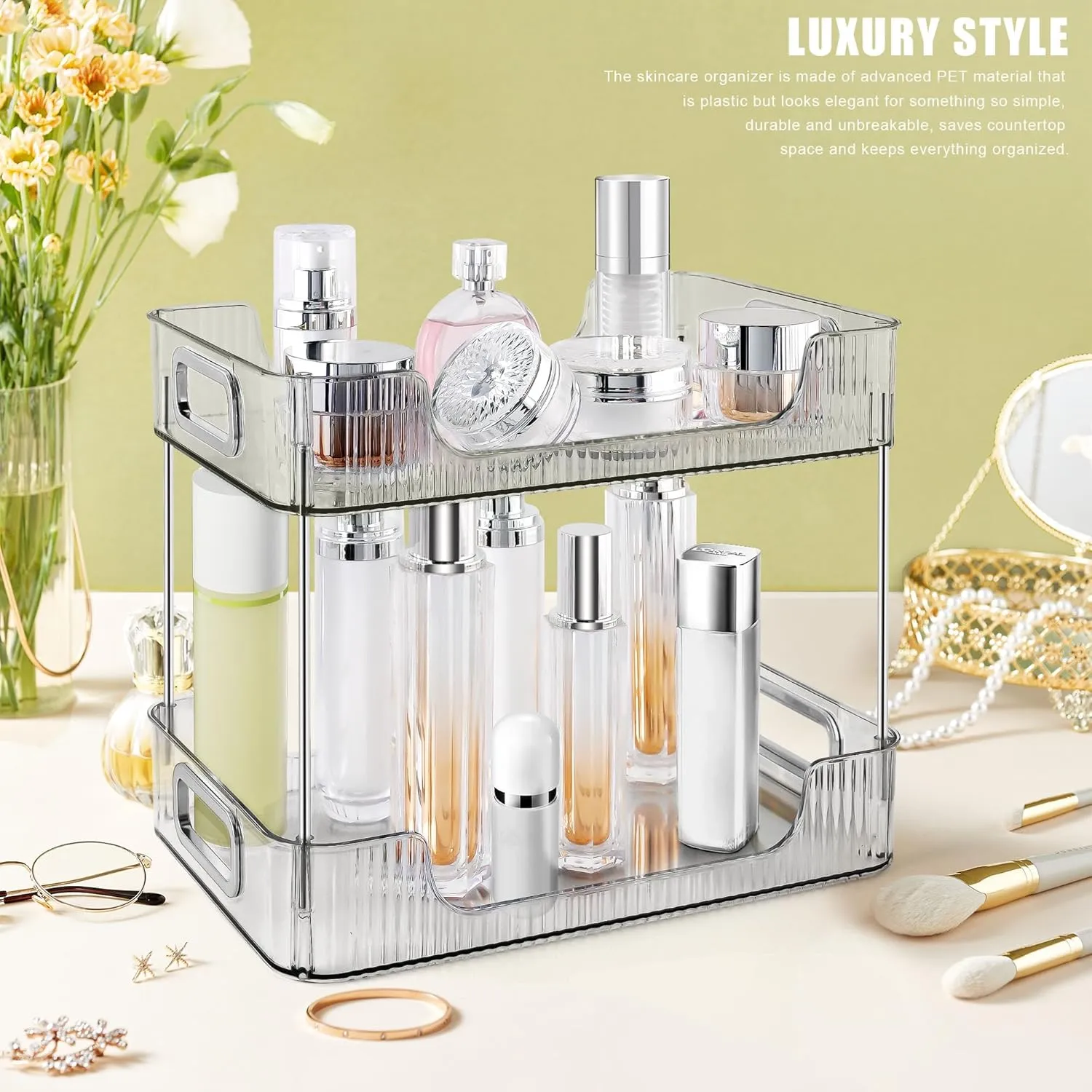 2-Tier Bathroom Counter Organizer Countertop Storage, Dresser Organizer Vanity Tray for Makeup, Perfume Organizer Cosmetics Skincare Shelf - Grey